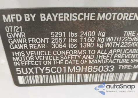 2021 BMW X3 xDrive30I z USA, uszkodzony, nr VIN 5UXTY5C01M9H85033